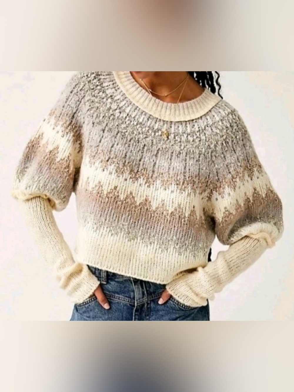 Free People Cream and Brown Knit Sweater